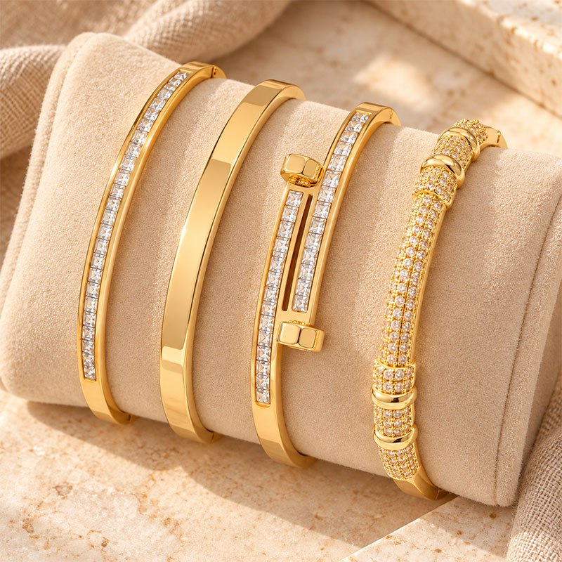 4pc Women's Elegant Bracelet Set with Zirconia Inlaid Bangles